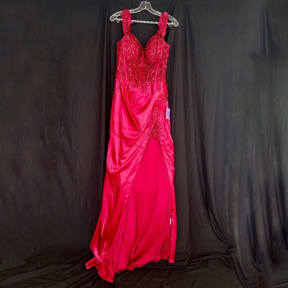 Pleated Satin Dress with Embellished and Sheer Bodice by LaDivine - Picture 1 of 7